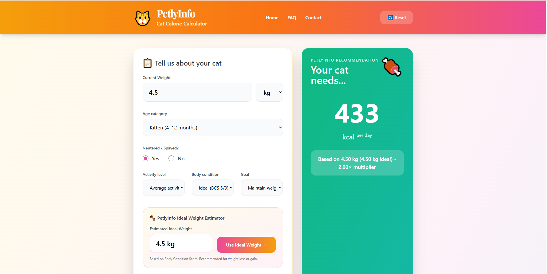  PetlyInfo Cat Calorie Calculator