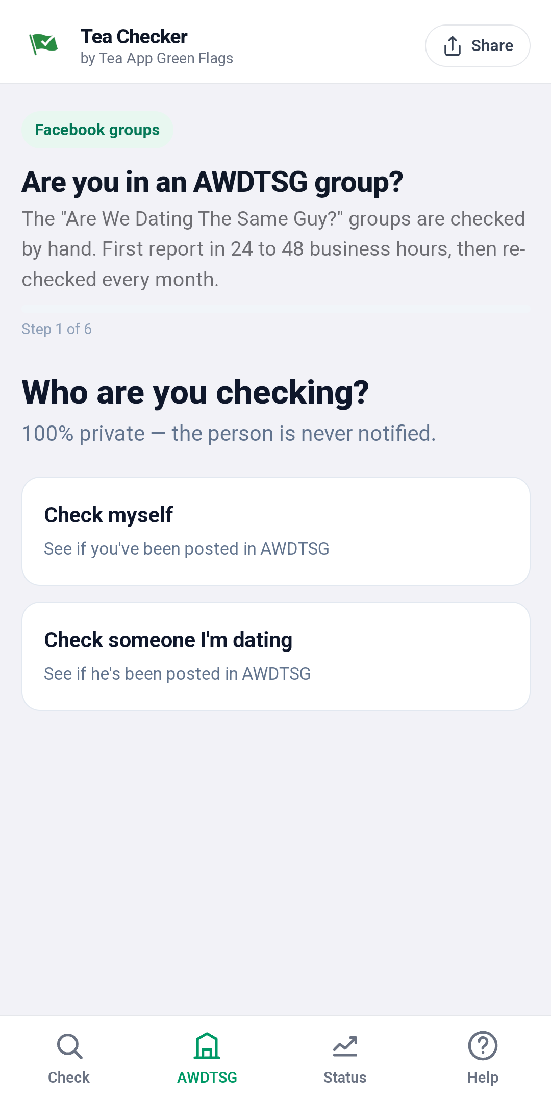 AWDTSG Checker — Are We Dating The Same Guy Search